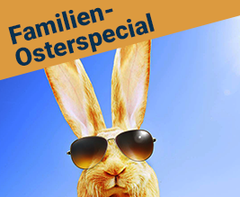 Osterhase mit Sonnenbrille mit Text: Familien-Osterspecial