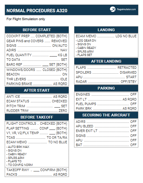 Checkliste Airbus A320 - FLIGHTSIMULATION ONLY